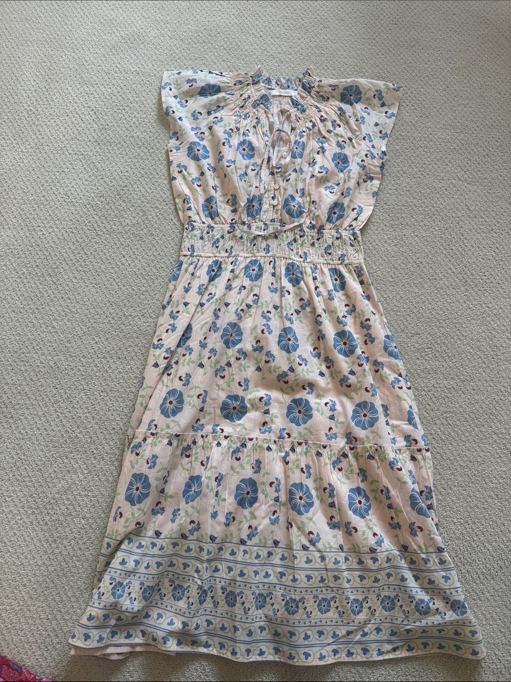 Cream Maxi Dress with Blue Floral Print and Smocked Waist